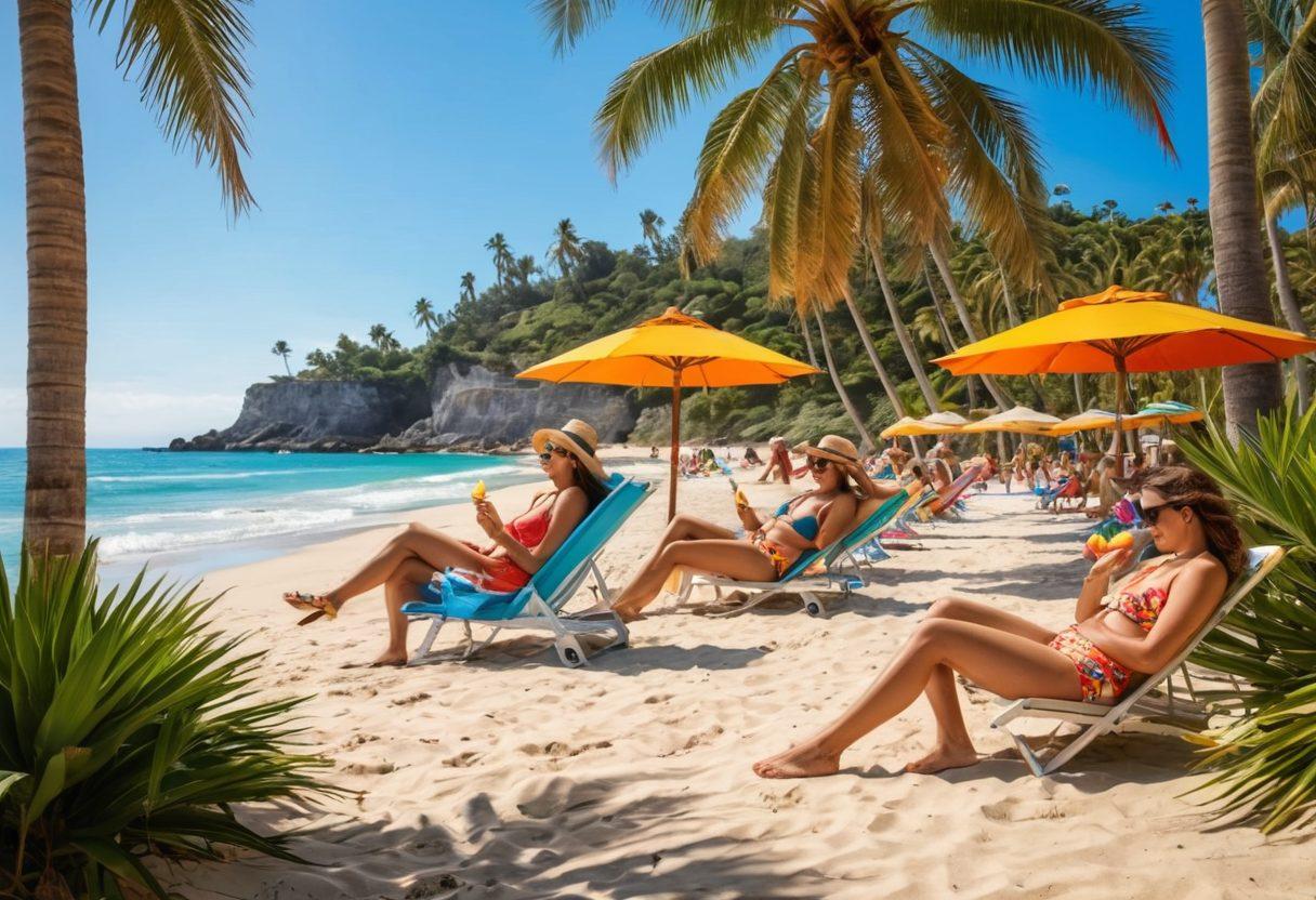 A sunny beach scene showcasing a diverse group of people wearing trendy beachwear, with colorful swimsuits and accessories, enjoying a variety of delicious summer sweets like ice cream and tropical fruits. The background features palm trees and vibrant beach umbrellas, capturing the essence of a perfect summer vacation. Bright and cheerful atmosphere with a clear blue sky and gentle waves lapping at the shore. super-realistic. vibrant colors. cheerful summer vibe.