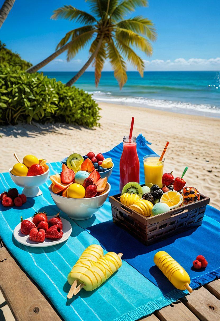 A sunlit beach scene featuring an array of indulgent summer treats like colorful ice creams, fruity popsicles, and tropical desserts on a wooden picnic table. Surrounding are vibrant beach towels and playful beach toys, with crystal blue waves in the background and a clear azure sky. The atmosphere conveys joy and relaxation, inviting viewers into a sweet summer experience. super-realistic. vibrant colors. 3D.