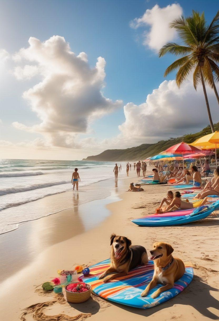 A vibrant beach scene featuring a diverse group of people enjoying the sun, wearing colorful bikinis, and baking a whimsical cake on the sand. Include beach accessories like umbrellas, surfboards, and playful dogs. The sky is blue with fluffy clouds, and the ocean sparkles in the background, creating an ultimate beach lifestyle vibe. The atmosphere is lively and festive. vibrant colors. super-realistic.